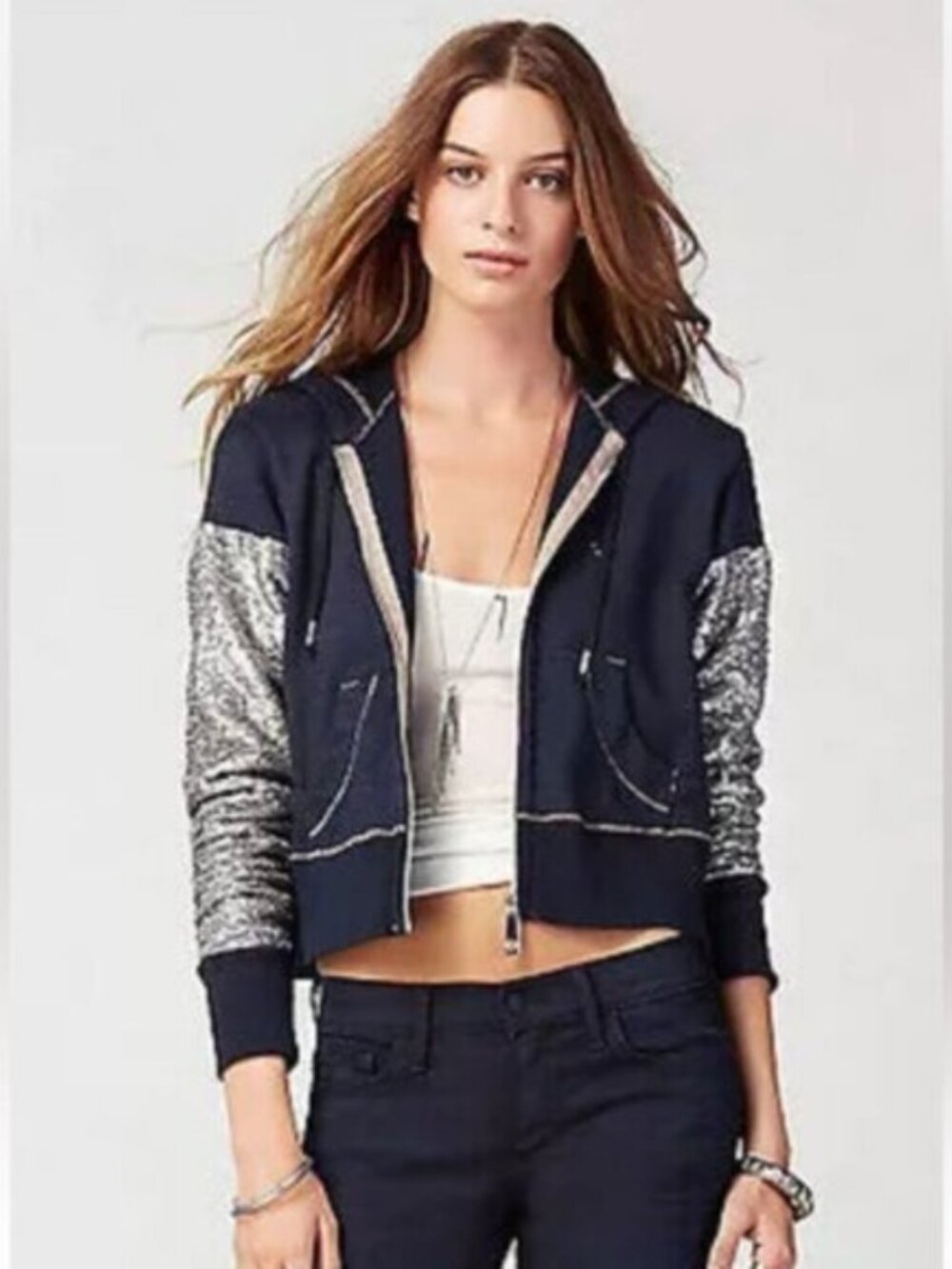 True Religion Sequin Crop Hoodie Jacket Cotton Zip Logo Pockets Blue Silver S
